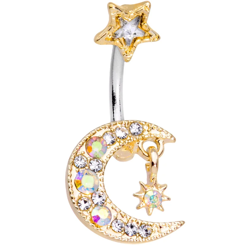Beautiful Belly Rings for Trendy Women -Clear Aurora Gem Gold Tone Moon and Star Duo Dangle Belly Ring Beautiful Belly Rings for Trendy Women -Clear Aurora Gem Gold Tone Moon and Star Duo Dangle Belly Ring
