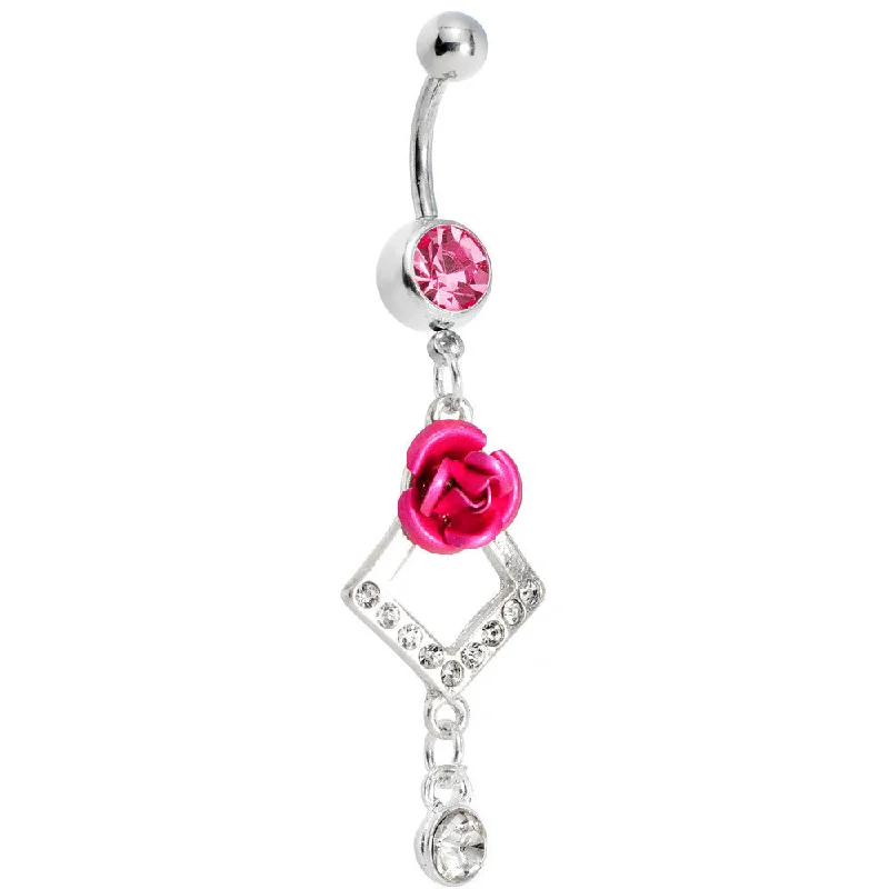 Stylish Belly Rings with Elegant Detailing -Passion Pink Gem Rose Flower Drops Belly Ring Stylish Belly Rings with Elegant Detailing -Passion Pink Gem Rose Flower Drops Belly Ring