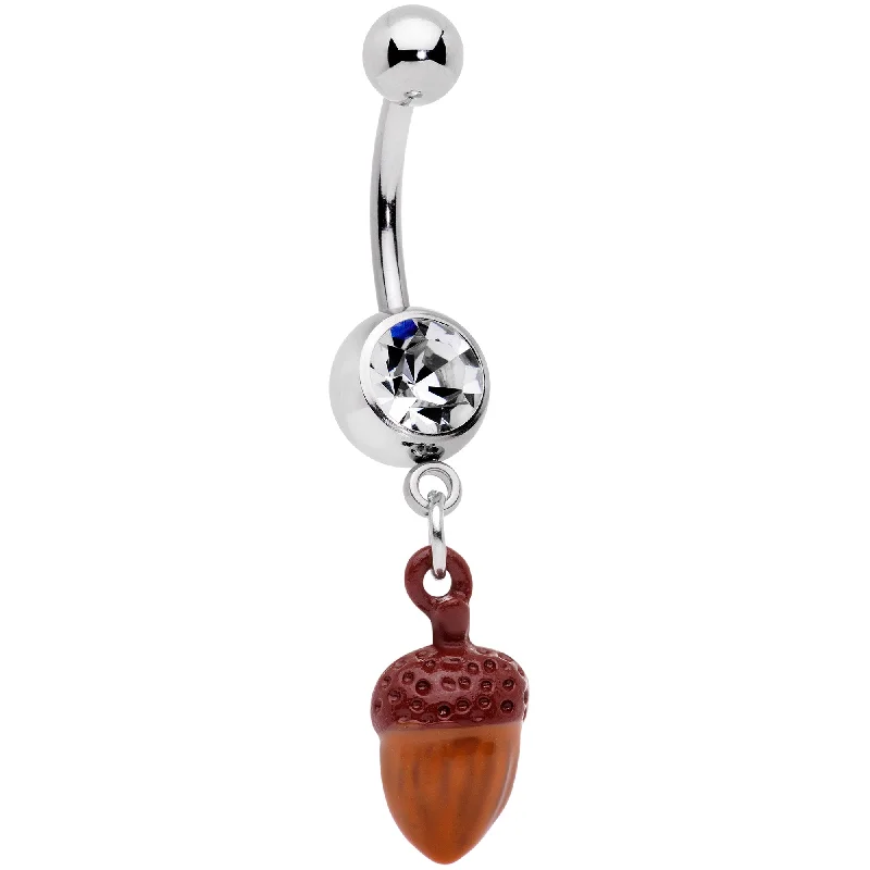 Comfortable Belly Rings for Statement Fashion -Clear Gem Brown Autumn Acorn Dangle Belly Ring Comfortable Belly Rings for Statement Fashion -Clear Gem Brown Autumn Acorn Dangle Belly Ring