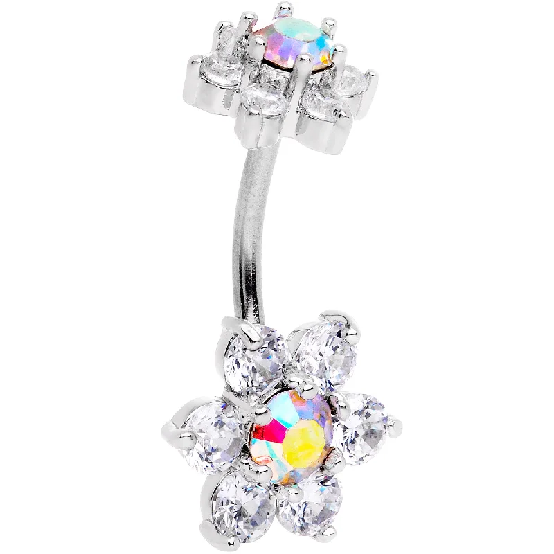 Trendy Belly Rings for Fashion-Forward Women -Clear Aurora CZ Gem Double Flower Delight Double Mount Belly Ring Trendy Belly Rings for Fashion-Forward Women -Clear Aurora CZ Gem Double Flower Delight Double Mount Belly Ring