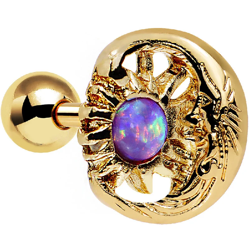 Women's Earrings – Elegant Designs for Every Personality--Purple Faux Opal Gold Anodized Moon and Sun Tragus Cartilage Earring