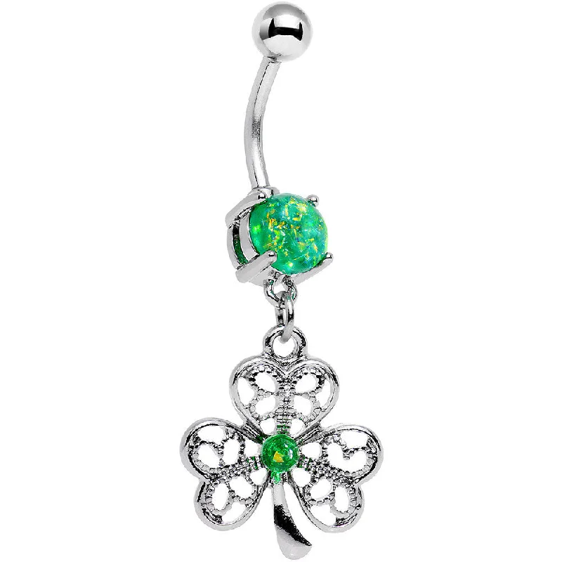 Designer Belly Rings for Special Fashion Statements -Green Faux Opal Shake Your Shamrock Dangle Belly Ring Designer Belly Rings for Special Fashion Statements -Green Faux Opal Shake Your Shamrock Dangle Belly Ring