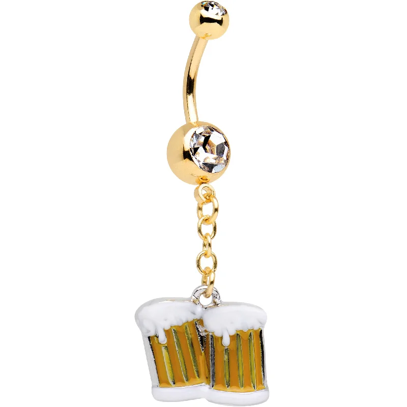 Designer Belly Rings with Artistic Features -Licensed Cheers Beers emoji Clear CZ Gem Gold Tone Anodized Belly Ring Designer Belly Rings with Artistic Features -Licensed Cheers Beers emoji Clear CZ Gem Gold Tone Anodized Belly Ring