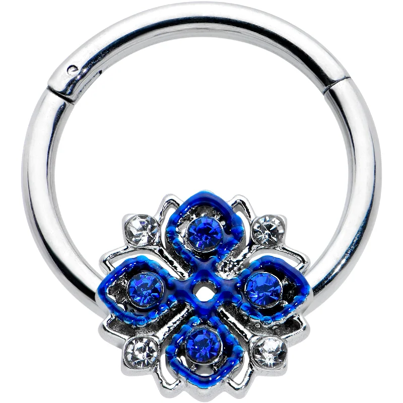 Designer Nose Rings with Unique Style -16 Gauge 3/8 Blue Clear Gem Embellished Cross Hinged Segment Ring Designer Nose Rings with Unique Style -16 Gauge 3/8 Blue Clear Gem Embellished Cross Hinged Segment Ring