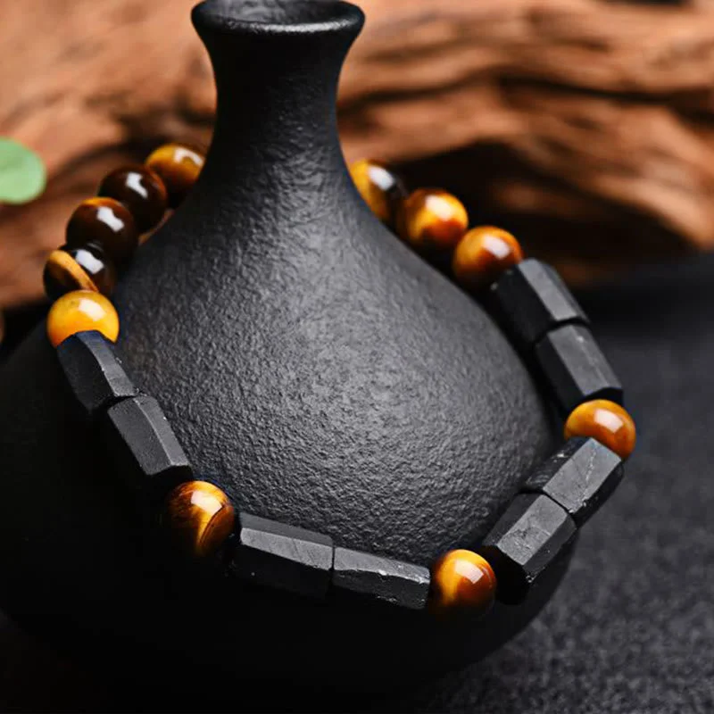 Boho Style Bangles for Women-Buddha Stones Natural Black Tourmaline Tiger Eye Positive Bracelet