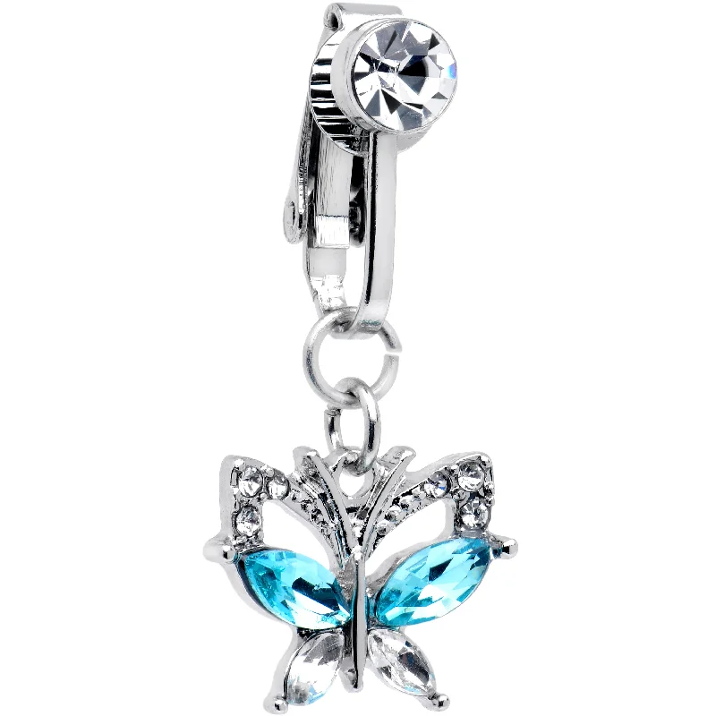 Trendy Belly Rings for Personalized Fashion -Blue Clear CZ Gem Butterfly Bling Dangle Clip on Fake Belly Ring Trendy Belly Rings for Personalized Fashion -Blue Clear CZ Gem Butterfly Bling Dangle Clip on Fake Belly Ring