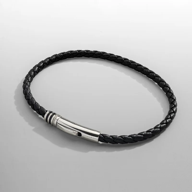 Men's Bracelets with Unique Designs-Black Leather Bracelet (Silver)
