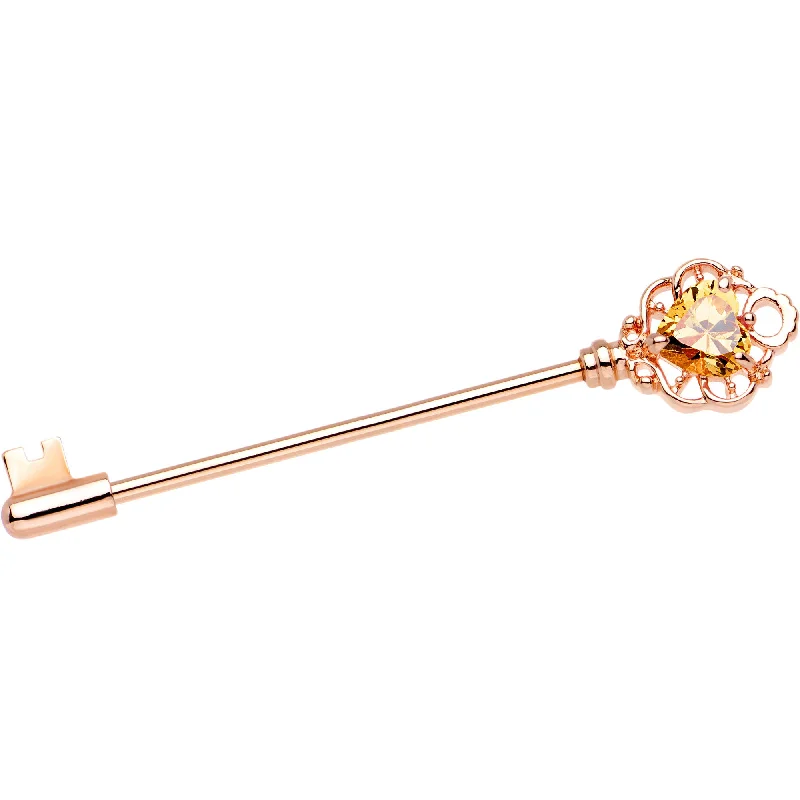 Women's Earrings – Elegant Designs for Every Personality--Aurora CZ Heart Rose Gold PVD Filigree Key Industrial Barbell 32mm Women's Earrings – Elegant Designs for Every Personality--Aurora CZ Heart Rose Gold PVD Filigree Key Industrial Barbell 32mm