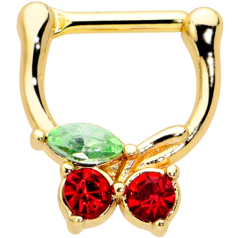 Women's Earrings – Elegant Designs for Every Personality--16 Gauge 5/16 Red Green Gem Gold Tone Tasty Cherry Cartilage Clicker