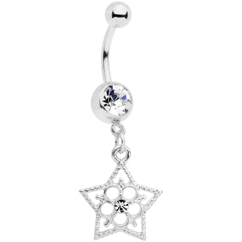 Designer Belly Rings with Creative Features -Clear Gem Star and Snow Flower Dangle Belly Ring Designer Belly Rings with Creative Features -Clear Gem Star and Snow Flower Dangle Belly Ring