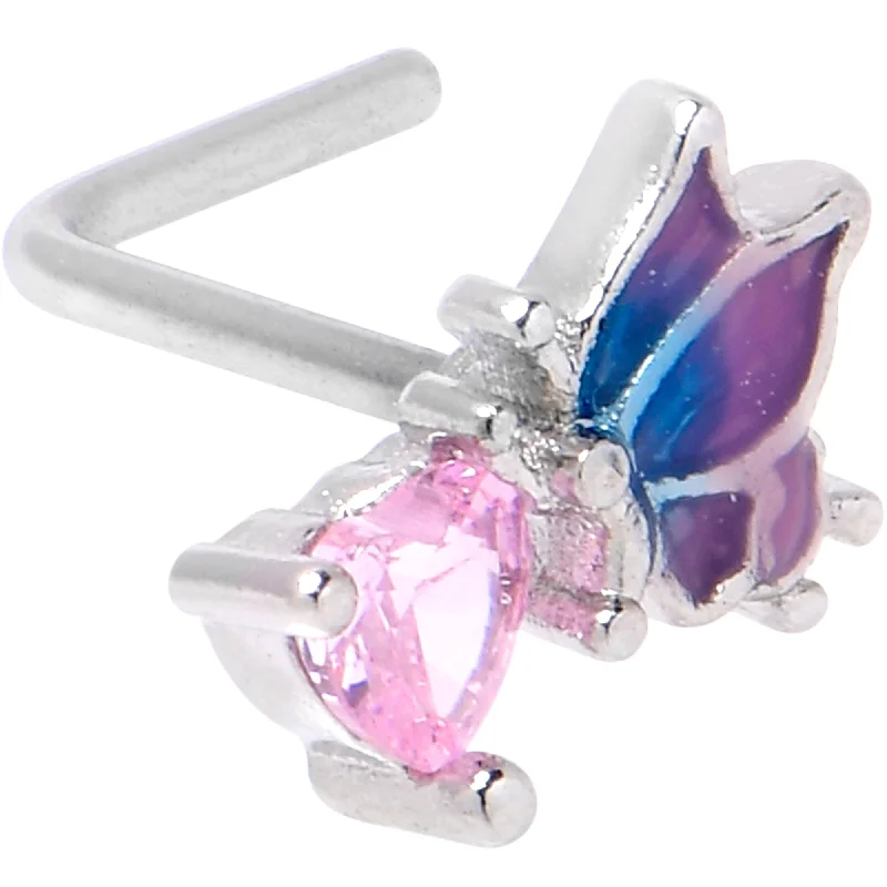Nose Rings with Luxurious Appeal -20 Gauge 1/4 Pink CZ Gem Heart Butterfly L Shape Nose Ring Nose Rings with Luxurious Appeal -20 Gauge 1/4 Pink CZ Gem Heart Butterfly L Shape Nose Ring