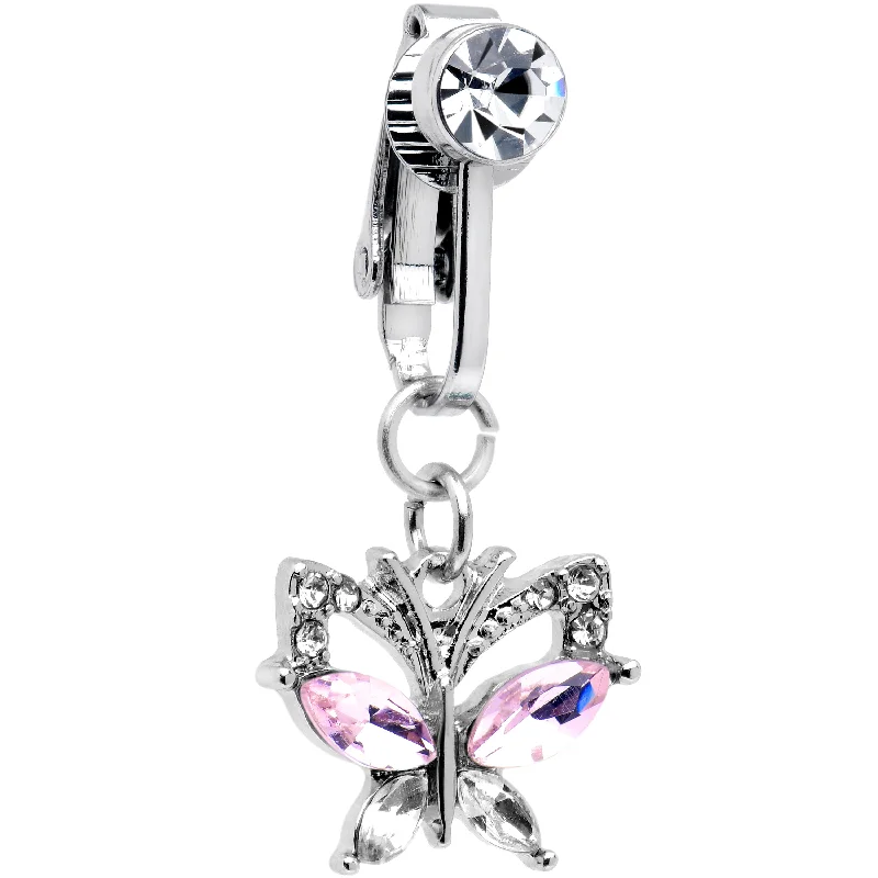 Unique Belly Rings for Fashion-Lovers -Pink Clear CZ Gem Butterfly Bling Dangle Clip on Fake Belly Ring Unique Belly Rings for Fashion-Lovers -Pink Clear CZ Gem Butterfly Bling Dangle Clip on Fake Belly Ring