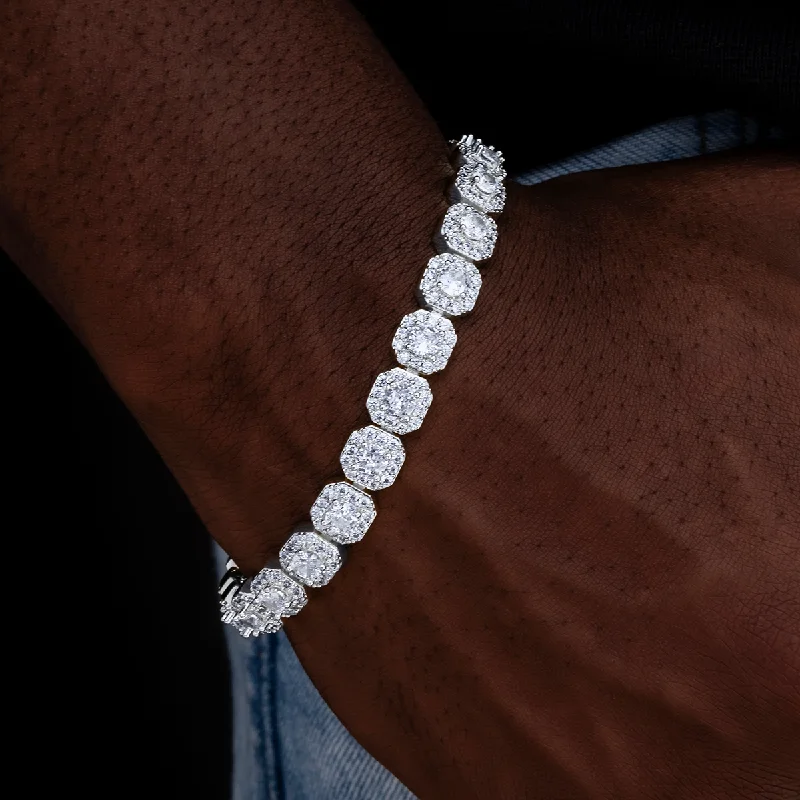 Men's Bracelets with Faux Leather Straps-Clustered Tennis Bracelet in White Gold- 8.5mm Men's Bracelets with Faux Leather Straps-Clustered Tennis Bracelet in White Gold- 8.5mm