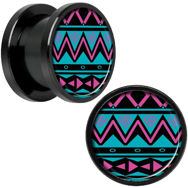 Women's Earrings – Elegant Designs for Every Personality--Pink Teal Tribal Print Black Anodized Screw Fit Plug Set 1/2 Women's Earrings – Elegant Designs for Every Personality--Pink Teal Tribal Print Black Anodized Screw Fit Plug Set 1/2