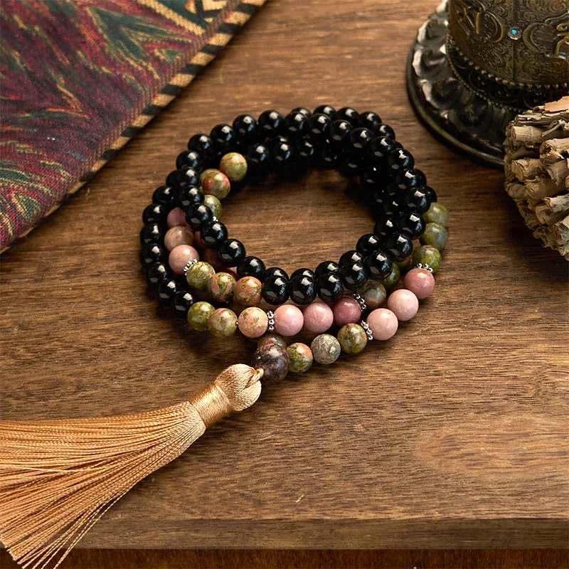 Stylish Bracelets for Men with Engraving-Buddha Stones 108 Mala Beads Black Jasper Rhodonite Khaki Tassel Healing Bracelet Stylish Bracelets for Men with Engraving-Buddha Stones 108 Mala Beads Black Jasper Rhodonite Khaki Tassel Healing Bracelet