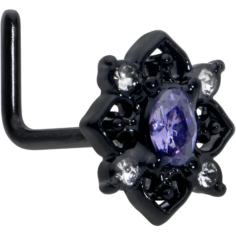 Nose Rings with Delicate Designs -20 Gauge 7mm Purple Gem Black Scrolling Hearts L Shape Nose Ring Nose Rings with Delicate Designs -20 Gauge 7mm Purple Gem Black Scrolling Hearts L Shape Nose Ring
