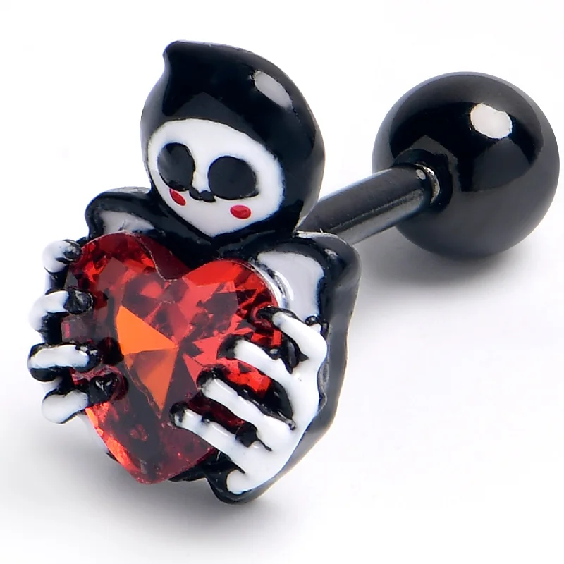 Women's Earrings – Elegant Designs for Every Personality--16 Gauge 1/4 Red Gem Black Skeleton Heart Cartilage Tragus Earring