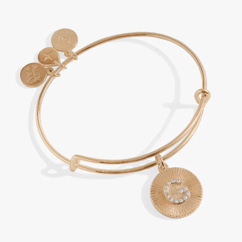 Silver Beaded Bangles for Women-Initial G Pave Starburst Texture Bangle