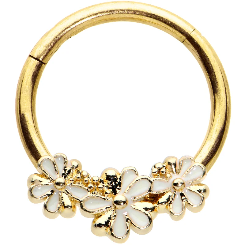 Designer Nose Rings for Elegant Women -16 Gauge 3/8 Gold Tone White Texture Daisy Flower Hinged Segment Ring Designer Nose Rings for Elegant Women -16 Gauge 3/8 Gold Tone White Texture Daisy Flower Hinged Segment Ring