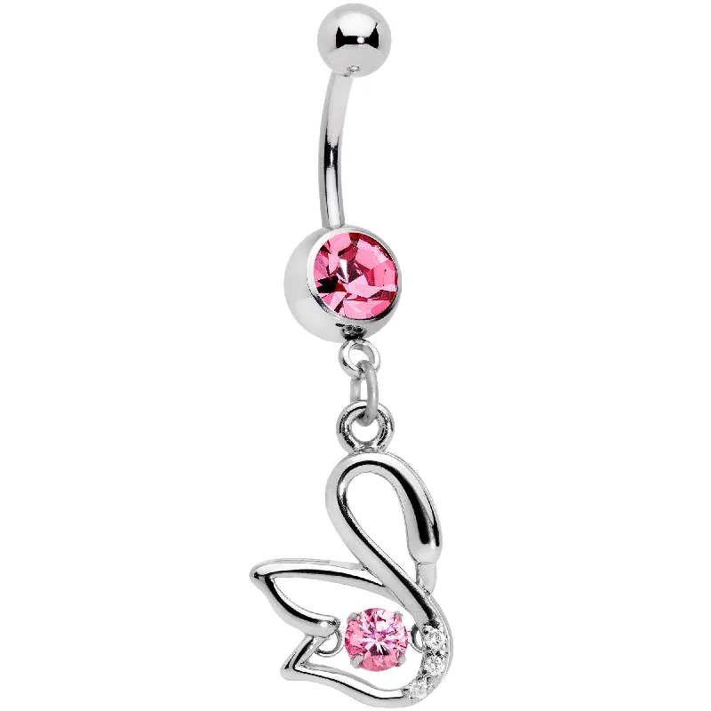 Belly Rings for Everyday Wear -Clear Pink CZ Gem Floating Modernist Swan Dangle Belly Ring Belly Rings for Everyday Wear -Clear Pink CZ Gem Floating Modernist Swan Dangle Belly Ring