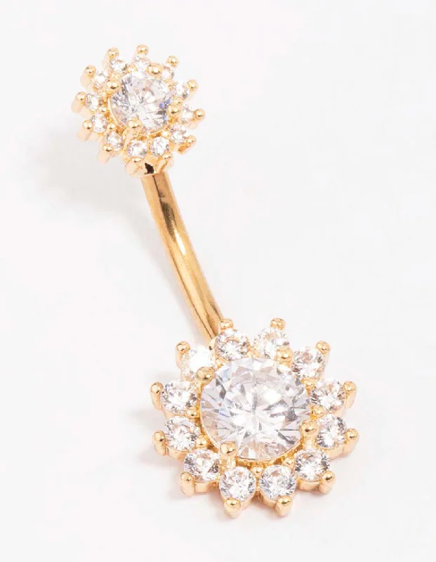 Unique Belly Rings with Elegant Features -Gold Plated Surgical Steel Round Halo Belly Piercing Unique Belly Rings with Elegant Features -Gold Plated Surgical Steel Round Halo Belly Piercing