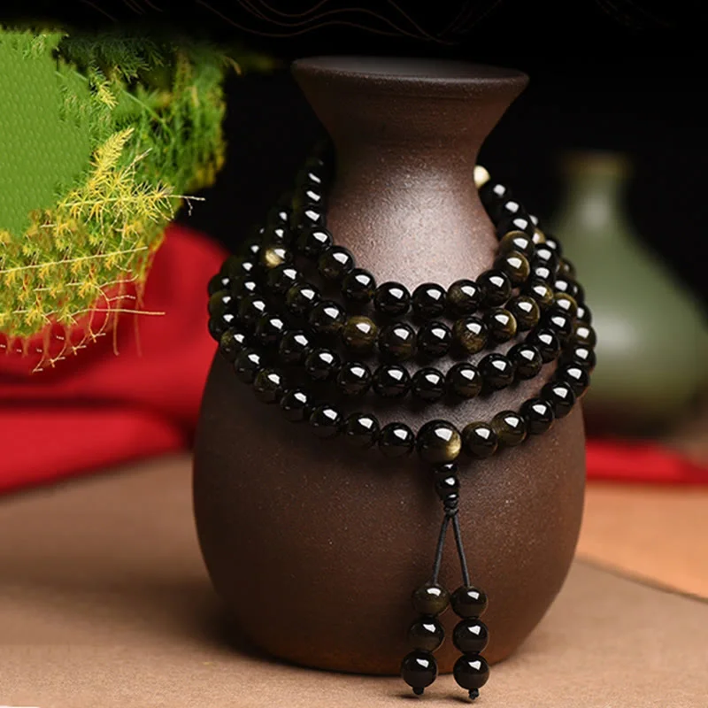 Casual Beaded Bracelets for Men-Buddha Stones 108 Mala Beads Natural Gold Sheen Obsidian Wealth Bracelet Casual Beaded Bracelets for Men-Buddha Stones 108 Mala Beads Natural Gold Sheen Obsidian Wealth Bracelet