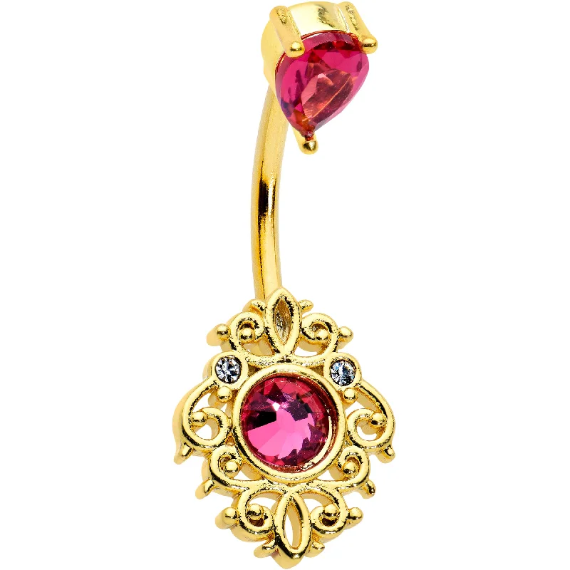 Belly Rings with Bold and Bright Stones -Clear Pink Gem Gold Tone Open Lace Love Double Mount Belly Ring Belly Rings with Bold and Bright Stones -Clear Pink Gem Gold Tone Open Lace Love Double Mount Belly Ring
