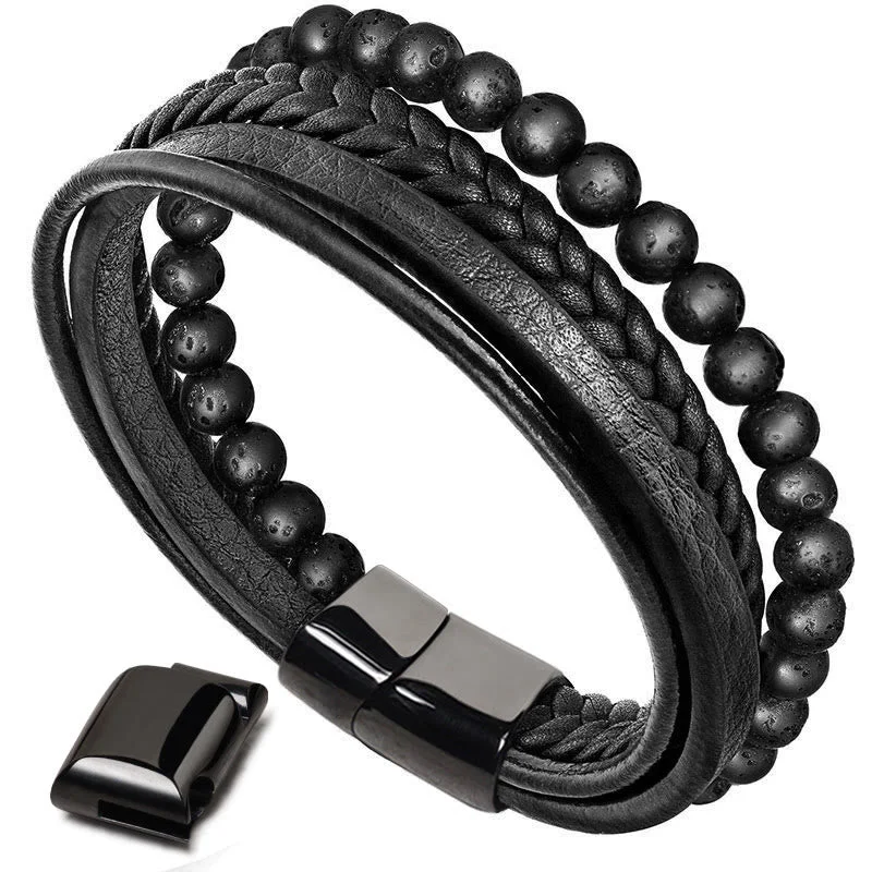 Vintage Style Bracelets for Men-Buddha Stones Natural Lava Rock Black Onyx Bead Leather Bracelet Vintage Style Bracelets for Men-Buddha Stones Natural Lava Rock Black Onyx Bead Leather Bracelet