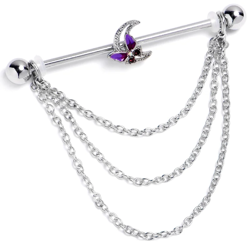 Women's Earrings – Elegant Designs for Every Personality--14 Gauge Aurora Gem Butterfly Purple Beauty Dangle Industrial Barbell 38mm