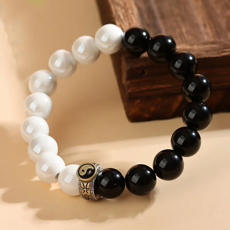Cool Bracelets with Metal Details for Men-Buddha Stones Black Obsidian White Porcelain Beads Yin Yang Fulfilment Bracelet Cool Bracelets with Metal Details for Men-Buddha Stones Black Obsidian White Porcelain Beads Yin Yang Fulfilment Bracelet