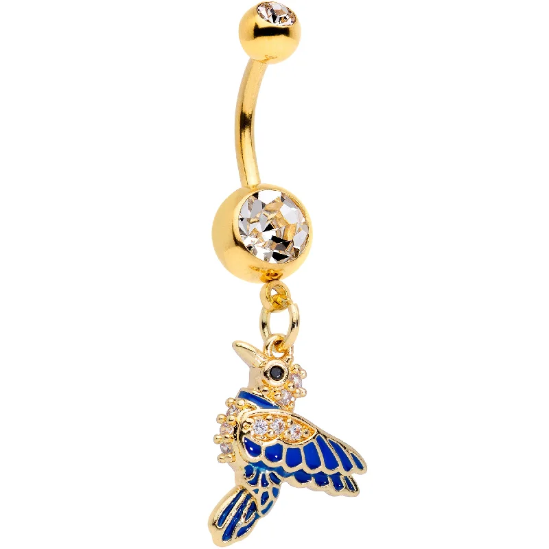 Belly Rings with Exotic Designs -Clear Gem Gold Tone Blue Bird Dangle Belly Ring
