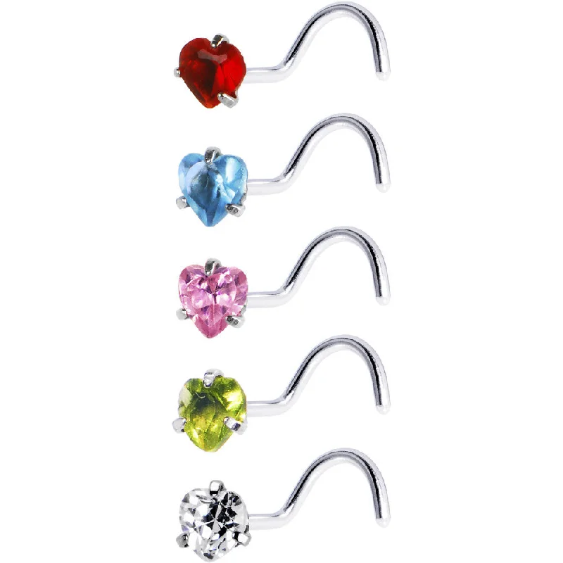 Rhinestone Nose Rings -18 Gauge Stainless Steel Heart CZ Nose Ring Pack Set
