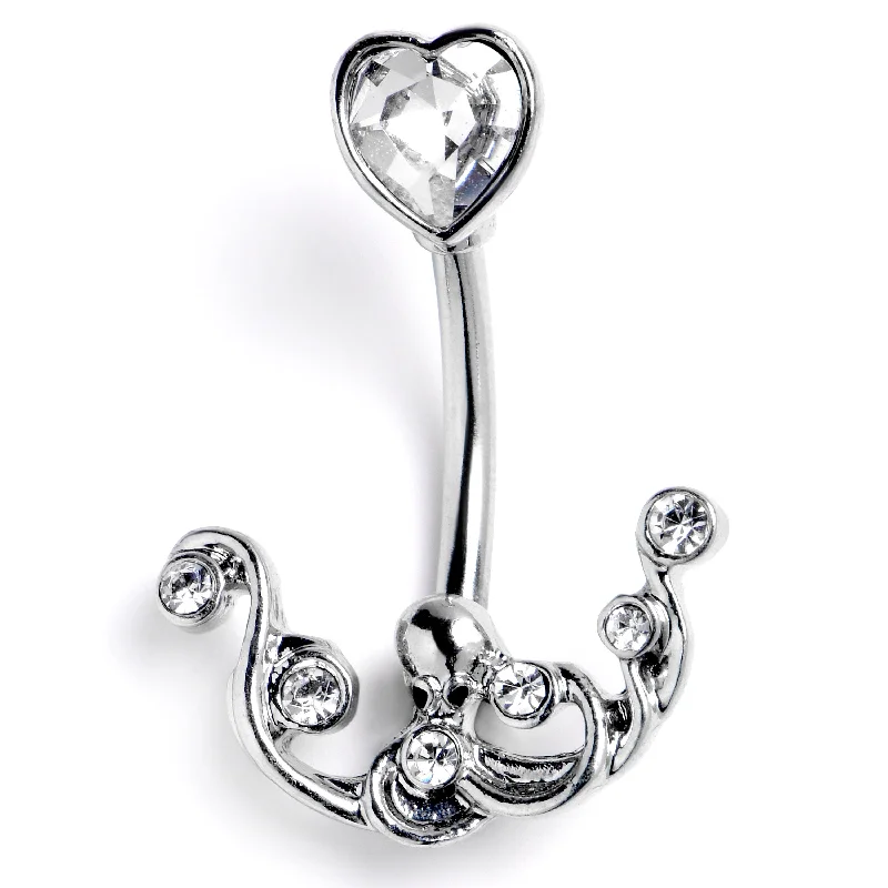 Comfortable Belly Rings for Dazzling FashionClear Gem Heart Scrolling Elegance Double Mount Belly Ring