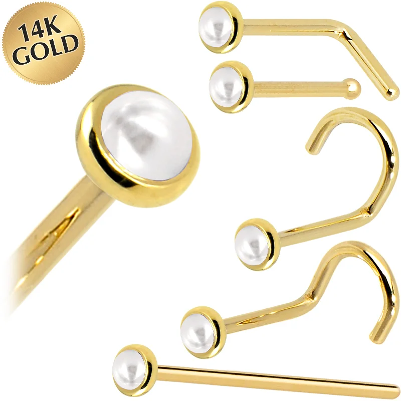 Sophisticated Nose Rings with Simple Designs -Solid 14KT Yellow Gold (June) 2mm Cultured Pearl Nose Ring Sophisticated Nose Rings with Simple Designs -Solid 14KT Yellow Gold (June) 2mm Cultured Pearl Nose Ring