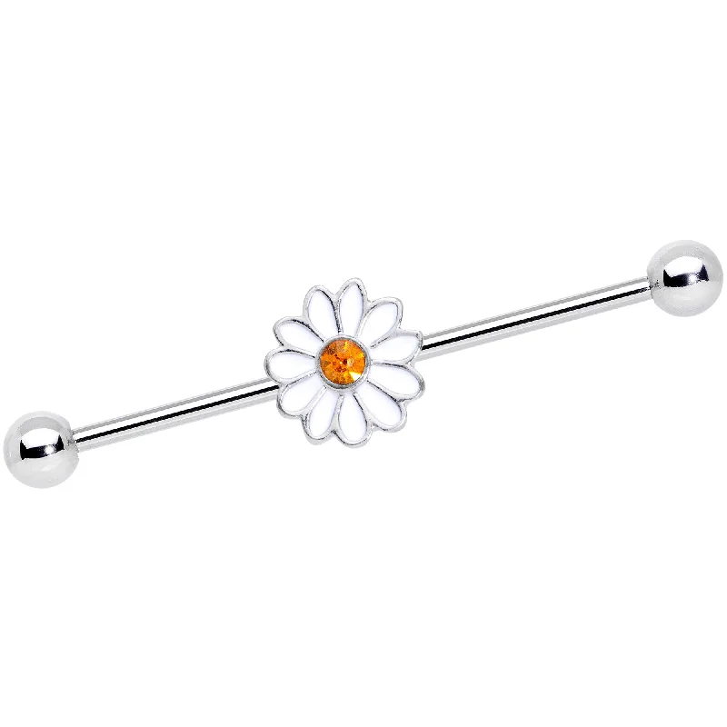Women's Earrings – Elegant Designs for Every Personality--14 Gauge Yellow Gem White Daisy Flower Industrial Barbell 38mm