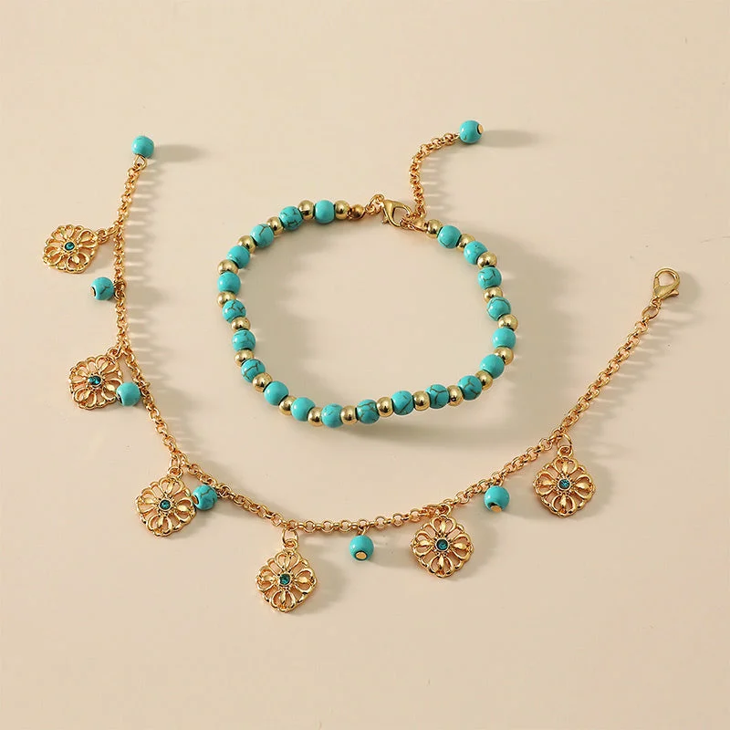 Two-Tone Bangles for Women-Buddha Stones 2Pcs Turquoise Stone Flower Protection Bracelet Anklet Two-Tone Bangles for Women-Buddha Stones 2Pcs Turquoise Stone Flower Protection Bracelet Anklet