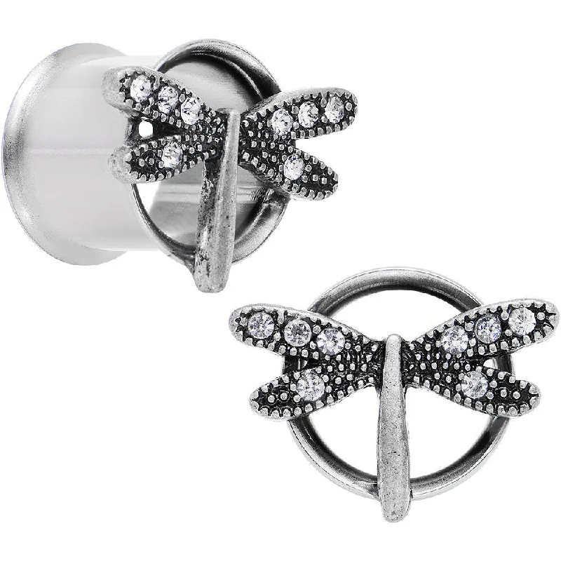 Women's Earrings – Elegant Designs for Every Personality--1/2 Clear Gem Steel Hi Sky Dragonfly Double Flare Tunnel Plug Set