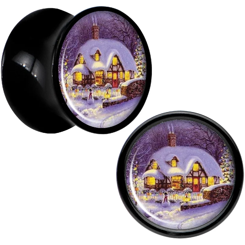 Women's Earrings – Elegant Designs for Every Personality--Advent Christmas Village Black Acrylic Saddle Plug Set Sizes 8mm to 20mm