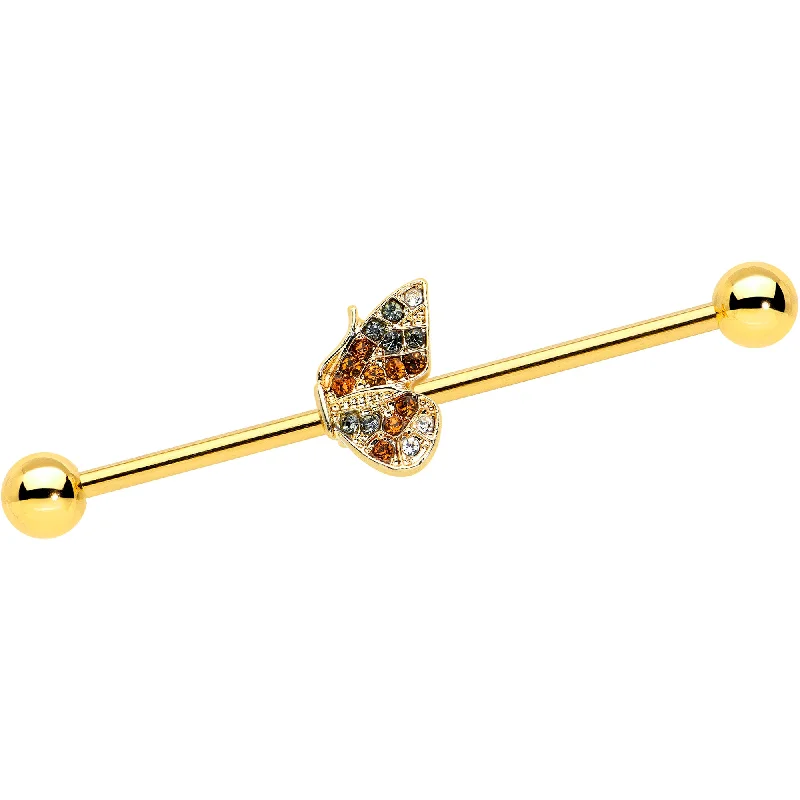 Women's Earrings – Elegant Designs for Every Personality--14 Gauge Clear Orange Gem Gold Hue Baroque Butterfly Industrial Barbell 38mm