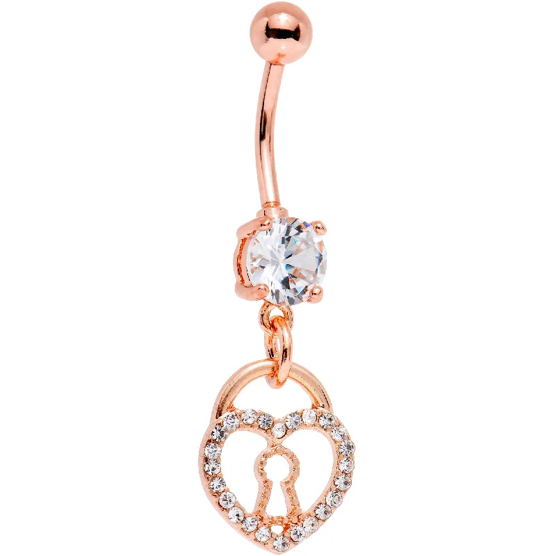 Beautiful Belly Rings for Glamorous Effect -Clear Gem Rose Gold PVD Keyhole Heart Pendant Dangle Belly Ring Beautiful Belly Rings for Glamorous Effect -Clear Gem Rose Gold PVD Keyhole Heart Pendant Dangle Belly Ring