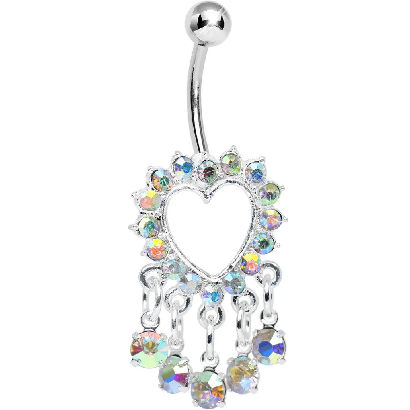 Comfortable Belly Rings for Sensitive Skin -Aurora Gem Super Sparkle Drops and Hollow Heart Dangle Belly Ring Comfortable Belly Rings for Sensitive Skin -Aurora Gem Super Sparkle Drops and Hollow Heart Dangle Belly Ring