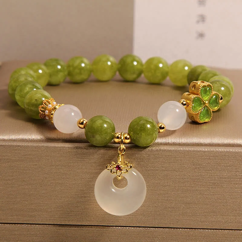 Personalized Multi-Colored Bangles for Women-Buddha Stones Green Tourmaline Chalcedony Four Leaf Clover Peace Buckle Charm Wisdom Bracelet Personalized Multi-Colored Bangles for Women-Buddha Stones Green Tourmaline Chalcedony Four Leaf Clover Peace Buckle Charm Wisdom Bracelet