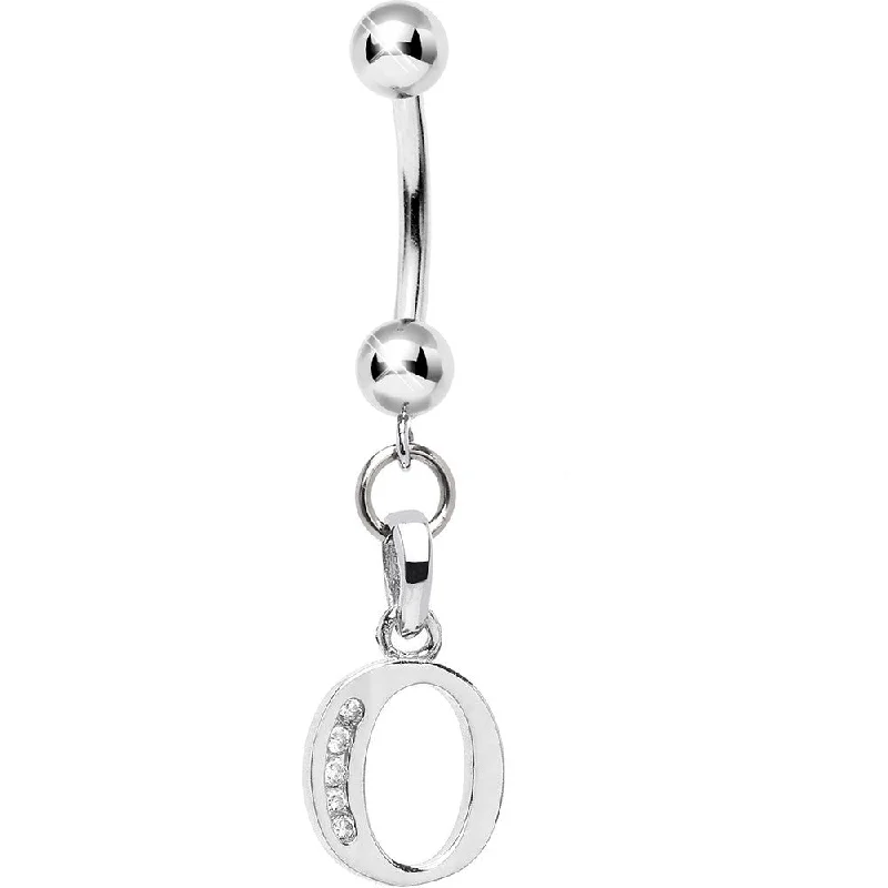 Belly Rings for Women -16 Gauge Solid 14kt White Gold CZ Initial O Belly Ring