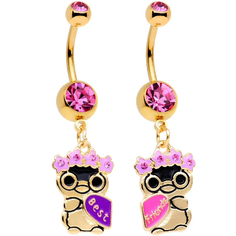 Belly Rings for Trendy Piercings -Pink Gem Gold Tone Anodized BFF Penguins Dangle Belly Ring Set Belly Rings for Trendy Piercings -Pink Gem Gold Tone Anodized BFF Penguins Dangle Belly Ring Set