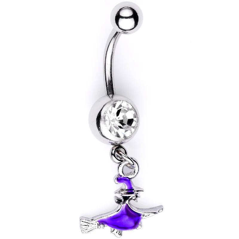 Comfortable Belly Rings with Sleek Finish -Clear Gem Blue Flying Witch Halloween Dangle Belly Ring Comfortable Belly Rings with Sleek Finish -Clear Gem Blue Flying Witch Halloween Dangle Belly Ring