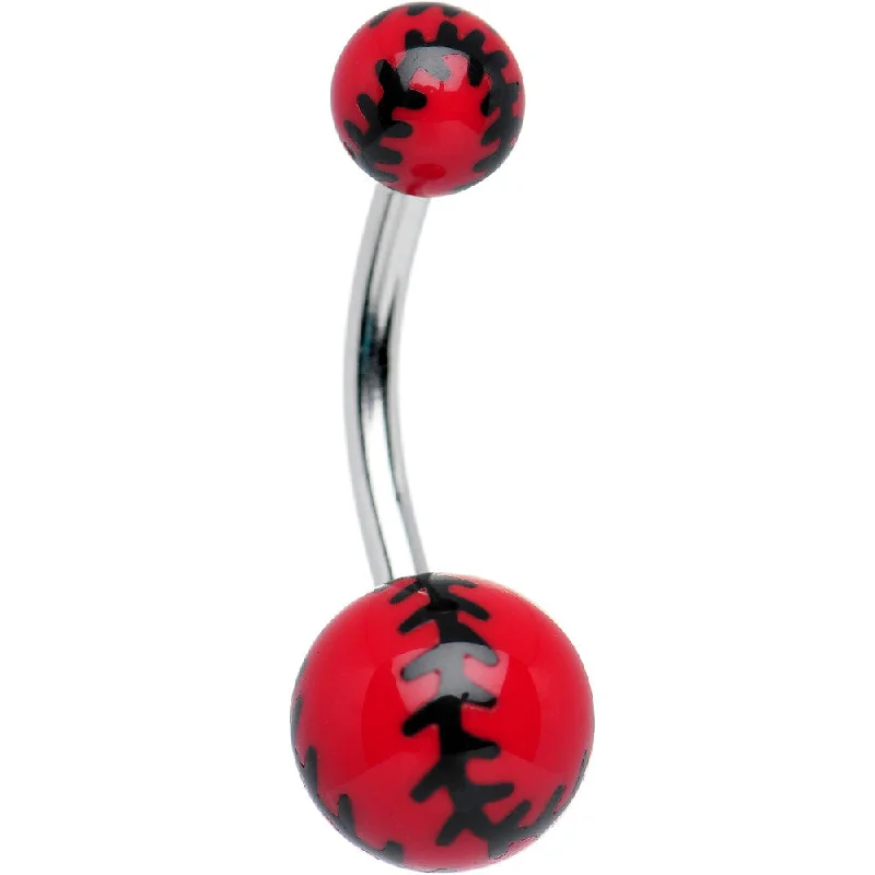 Belly Rings for Edgy Fashion -Red Acrylic Double Play Baseball Belly Ring