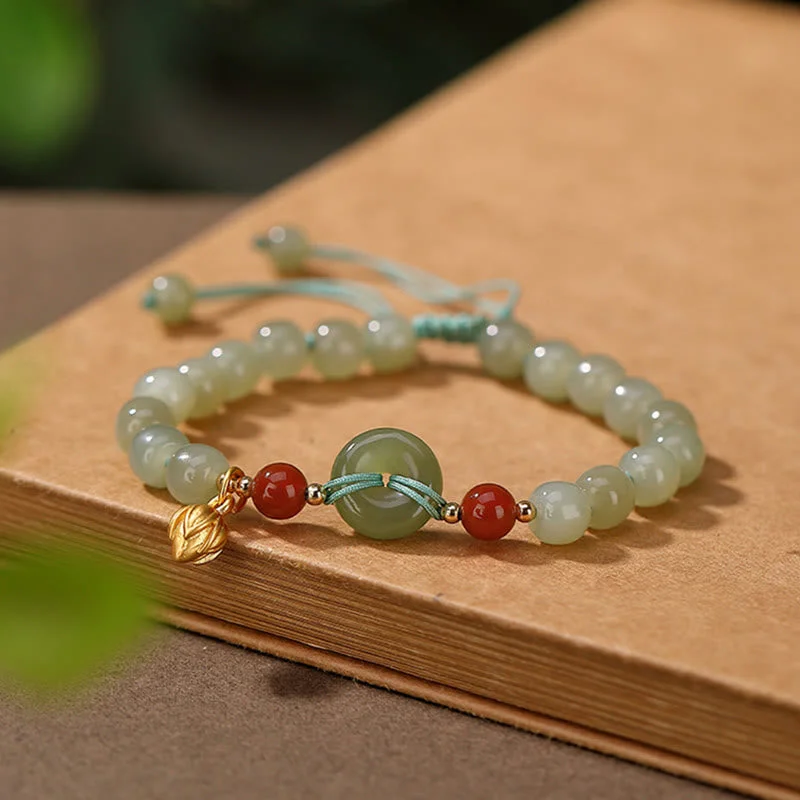 Bangles for Women with Unique Designs-Buddha Stones 925 Sterling Silver Natural Hetian Jade Peace Buckle Red Agate Luck Bracelet Bangles for Women with Unique Designs-Buddha Stones 925 Sterling Silver Natural Hetian Jade Peace Buckle Red Agate Luck Bracelet