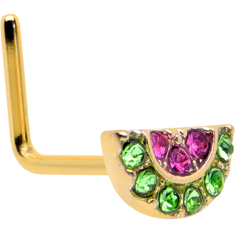 Stylish Nose Rings for Trendy Women -20 Gauge 7mm Pink Gem Gold Tone Watermelon Yum L Shape Nose Ring Stylish Nose Rings for Trendy Women -20 Gauge 7mm Pink Gem Gold Tone Watermelon Yum L Shape Nose Ring