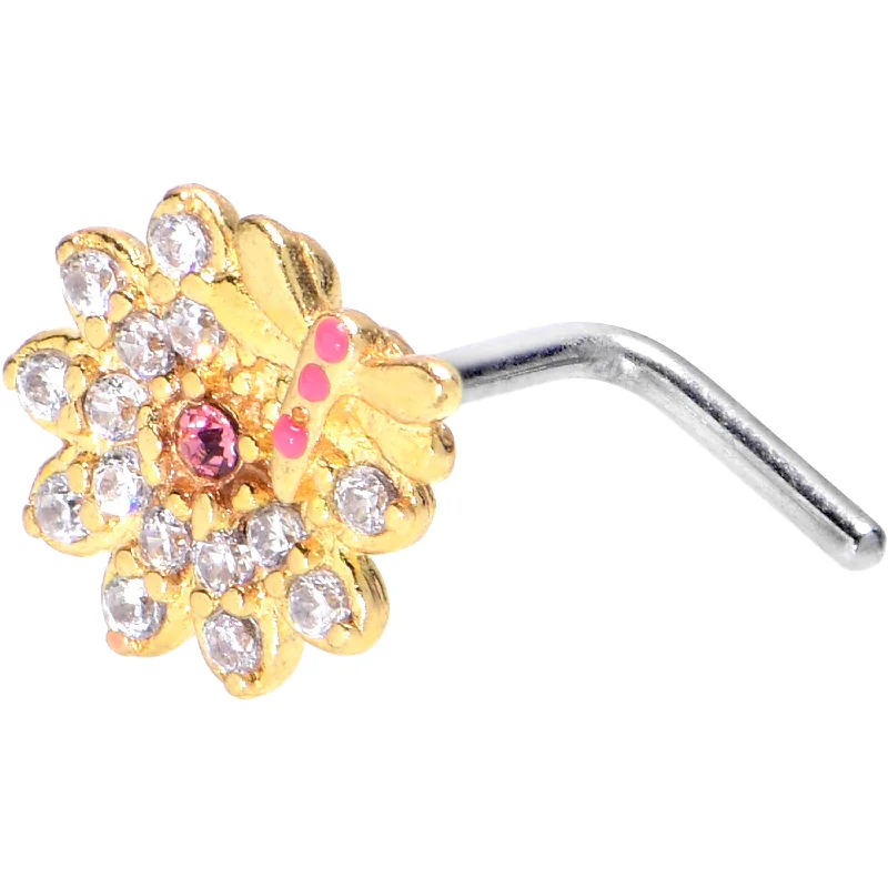 Nose Rings for Everyday Chic Looks -20 Gauge 7mm Clear Pink Gem Flower Bug Golden L Shape Nose Ring Nose Rings for Everyday Chic Looks -20 Gauge 7mm Clear Pink Gem Flower Bug Golden L Shape Nose Ring