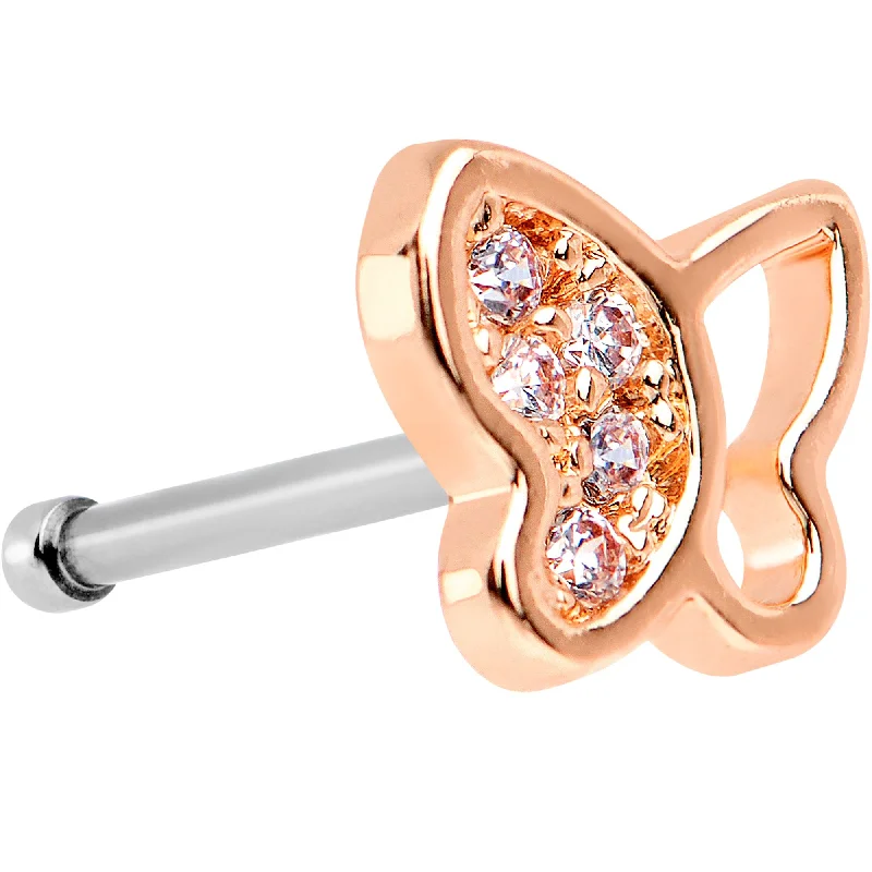 Elegant Nose Rings with Minimalist Design -20 Gauge 1/4 CZ Gem Rose Gold Tone Half Paved Butterfly Nose Bone Elegant Nose Rings with Minimalist Design -20 Gauge 1/4 CZ Gem Rose Gold Tone Half Paved Butterfly Nose Bone
